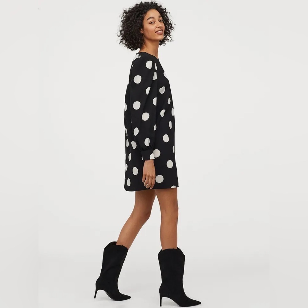 H&M POLKA DOT PUFF SLEEVE BLACK DRESS SIZE SMALL